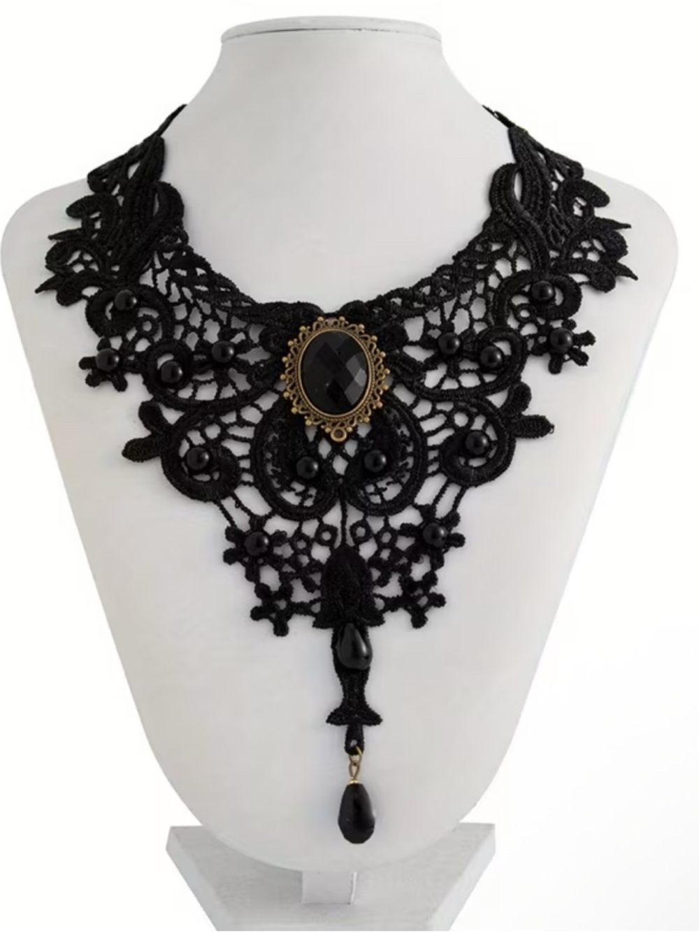 Crochet Black Lace Bib Stone Necklace - Women Jewelry Necklaces